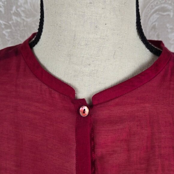 Eileen Fisher Size Large Red Sheer Blouse Button Front Round Neck Long Sleeve - Picture 3 of 12